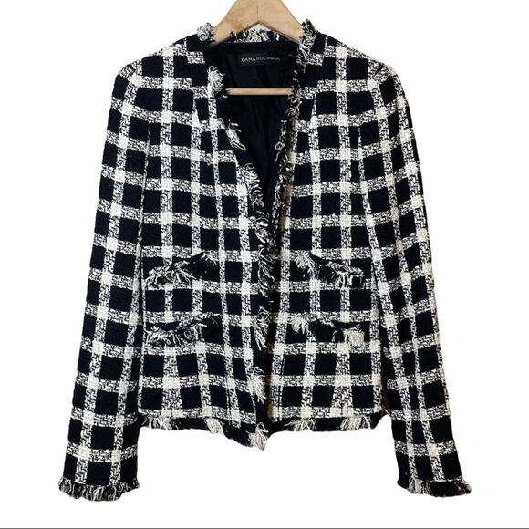 Dana Buchman Check Fringe Tweed Blazer Black White 6 - Picture 1 of 9